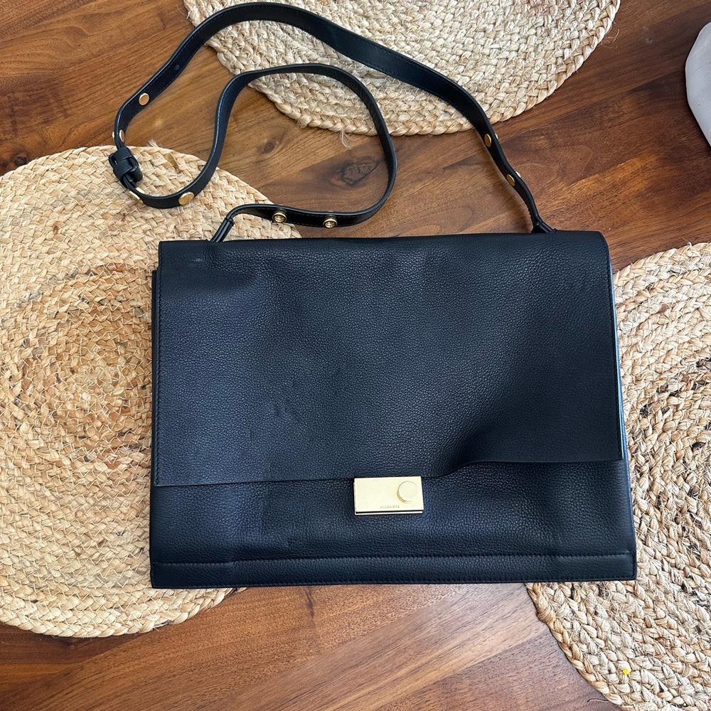 All Saints Black Textured Shoulder Bag with Gold Clasp